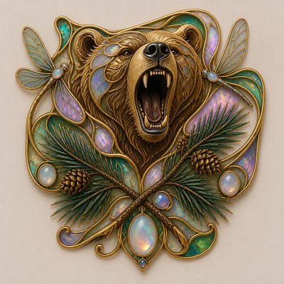 a roaring bear head above crossed pine branches, bold graphic composition on a plain background, no text