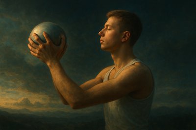 a painting of a man holding a ball
