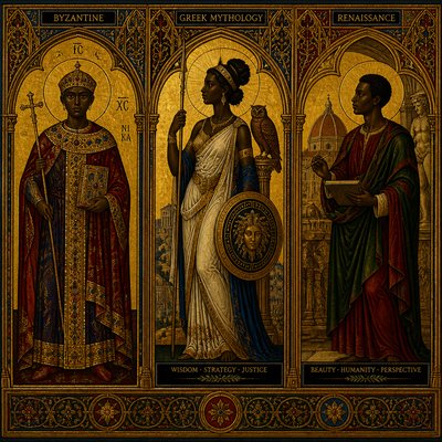 create a juxtaposition African American illustration the combines the byzantine, Greek mythology and renaissance each era as a.