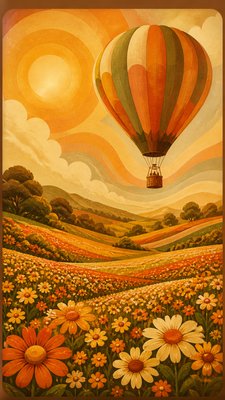 a hot air balloon drifting over rolling flower fields on a sunny day, cheerful, no text