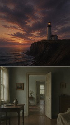 a lone lighthouse on a cliff at dusk under a dramatic sky, no text or lettering