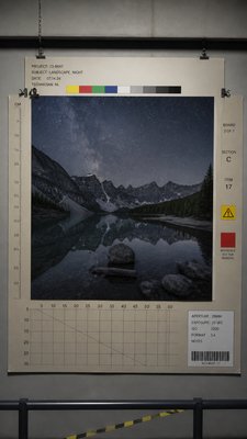 a tranquil mountain lake beneath a starry night sky, no people, no text