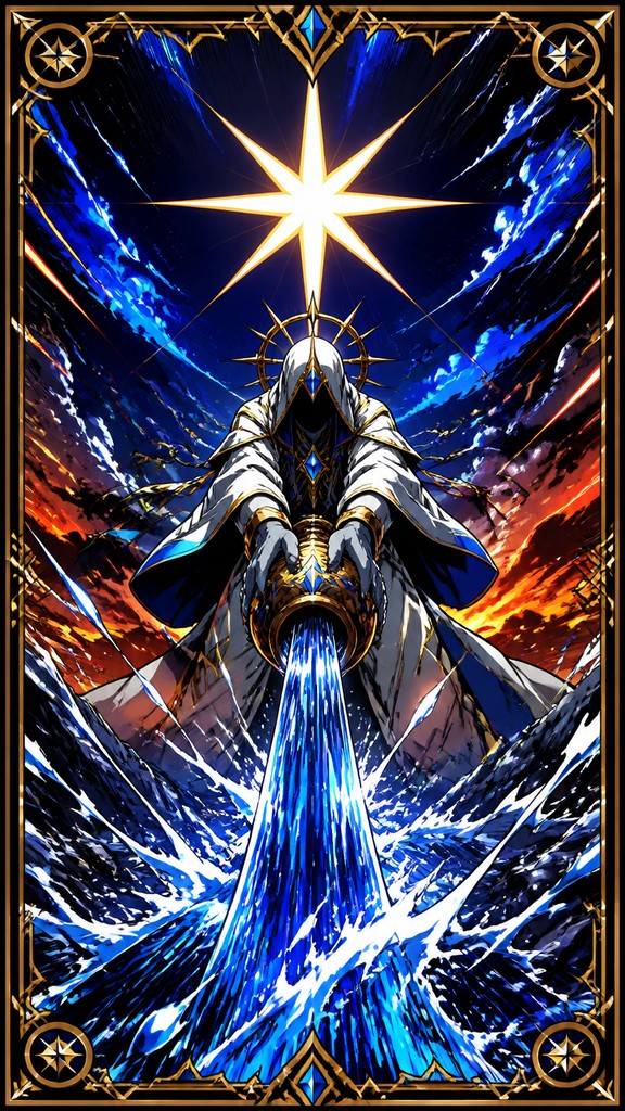 a robed figure pouring water beneath a large eight-pointed star in a night sky, symmetrical composition with an ornate decorative border, no text