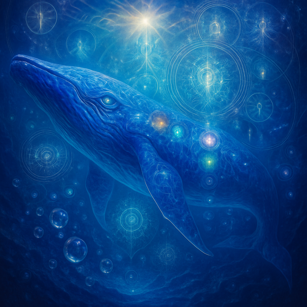 a majestic blue whale gliding, glowing deep blues and silvers, soft sunlight from above, glistening delicate bubbles.