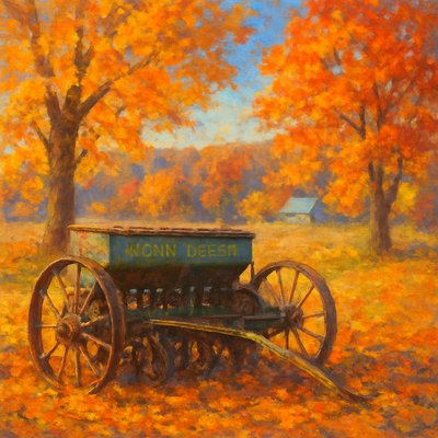 A serene and rustic autumn landscape, featuring an aged John Deere farm implement (a seeder or planter) in the foreground. The old machinery retains its weathered green and rust colors but is now positioned amidst a carpet of vibrant fallen autumn leaves in shades of gold, orange, and russet.

The large, leafy trees in the middle ground, which were green in the original image, are now transformed into glorious specimens of fall foliage, displaying brilliant yellows, fiery oranges, and deep reds. The distant field shows hints of freshly turned earth or dry, golden stubble. In the background, the small house with the blue roof remains, nestled amongst a dense forest that is also ablaze with autumn colors.

The sky is a clear, bright autumn blue, with warm, golden sunlight characteristic of a pleasant fall day, casting gentle shadows and highlighting the rich textures of the old equipment, the tree bark, and the colorful leaves. The overall mood is one of peaceful rural charm, autumnal beauty, and the quiet dignity of farm life as the seasons change.