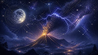 an erupting volcano with lightning strikes, dramatic wide composition, no text
