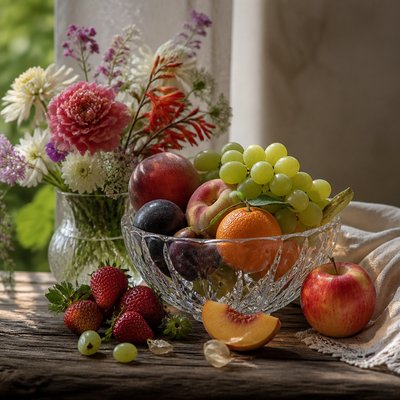 still life arrangement of fruits and flowers