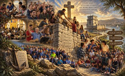 a collage of a group of people sitting on a stone wall