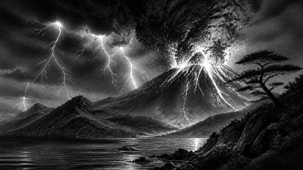 an erupting volcano with lightning strikes, dramatic wide composition, no text