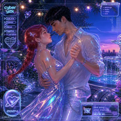 an original couple dancing under string lights in a garden at dusk: a man with short black hair in a linen shirt and a woman with braided red hair in a summer dress