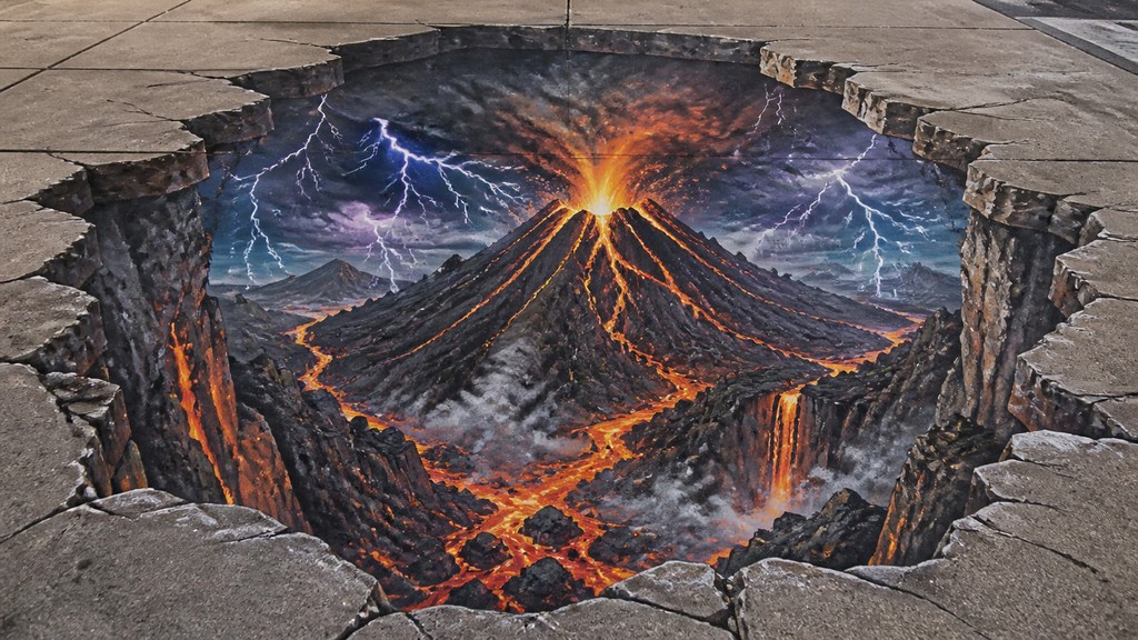 an erupting volcano with lightning strikes, dramatic wide composition, no text