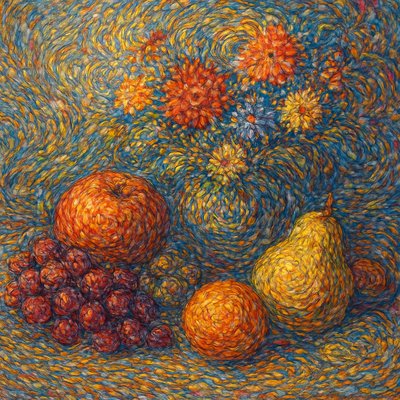 still life arrangement of fruits and flowers