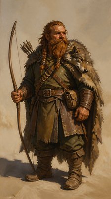 full-body original character: a dwarven ranger with a braided auburn beard, worn leather armor, a longbow and a wolf-pelt cloak, neutral background, no text