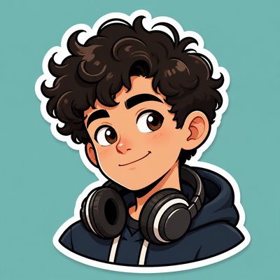 head-and-shoulders portrait of an original character: a young man with curly dark hair and headphones around his neck, plain backdrop, no text