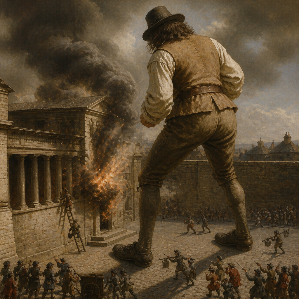 a painting of a man standing in front of a fire