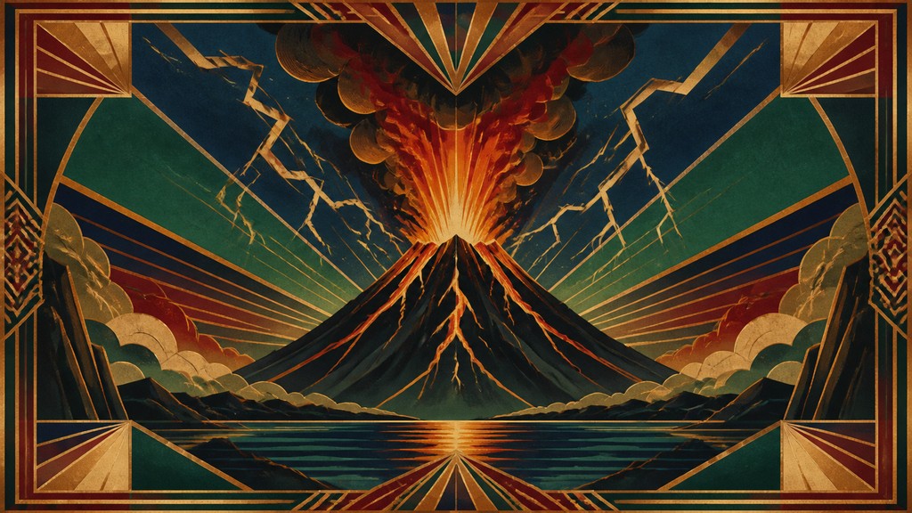 an erupting volcano with lightning strikes, dramatic wide composition, no text