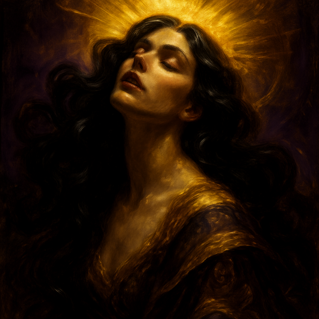 A dramatic, close-up, high-contrast portrait inspired by Song of Songs 5:11. The subject has dramatically wavy hair that is intensely, intensely black—like the glossy feathers of a raven. A radiant, ethereal golden light emanates from the crown of the head, surrounded by a rich, powerful aura of royal deep purple and mysterious black shadow. Opulent hyperrealistic portrait, Art Deco portraiture, cinematic lighting, dominant black and gold with deep purple accents, glossy raven black