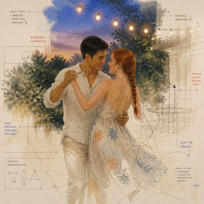 an original couple dancing under string lights in a garden at dusk: a man with short black hair in a linen shirt and a woman with braided red hair in a summer dress