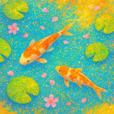 A koi pond seen from above, orange and white koi fish swimming among lily pads, clear water with subtle ripples, fallen cherry blossom petals floating on the surface, dappled sunlight