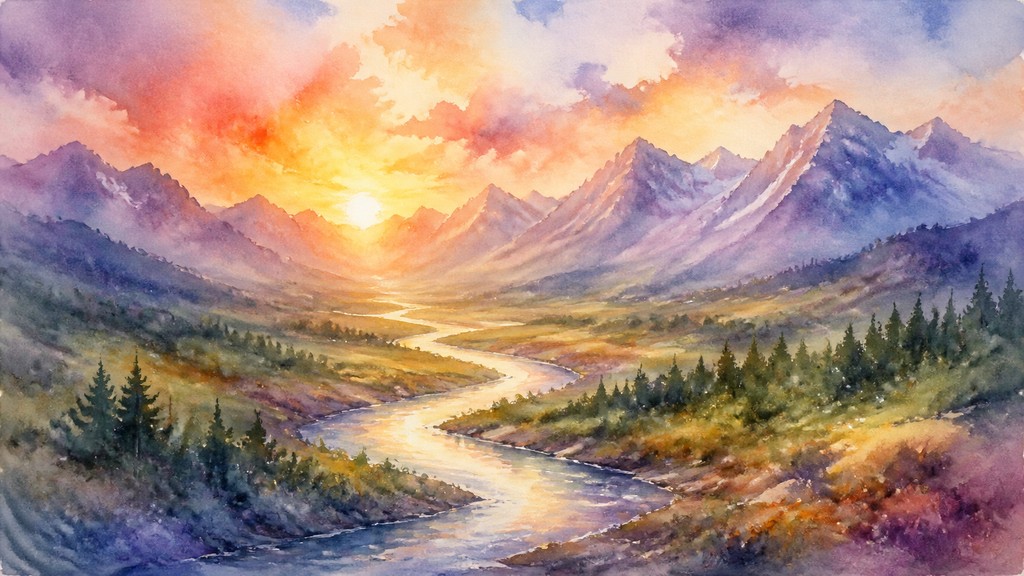 a vast valley with a river winding toward distant mountains at sunrise, no people, no text