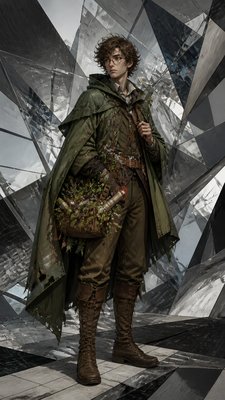 full-body original character: a wandering botanist with a satchel of plants, a patched green cloak, tall boots and round glasses, neutral background