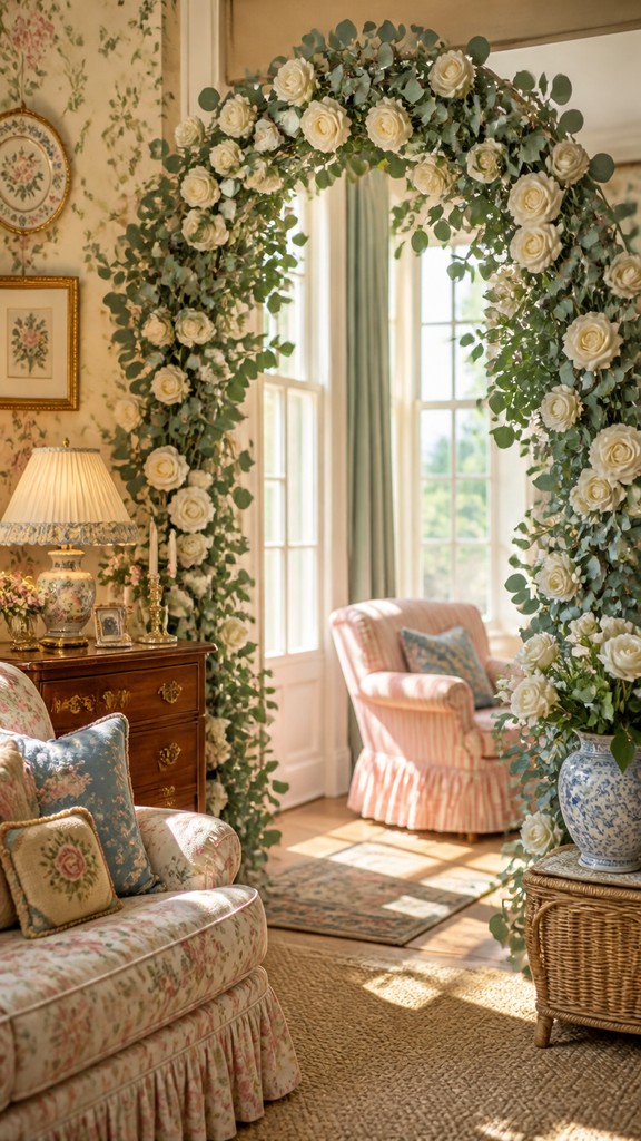 an arch of white roses and eucalyptus in soft morning light, elegant vertical composition with open space, no text
