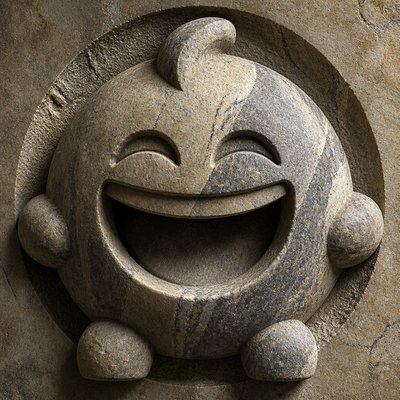 an exaggerated laughing face of an original round mascot character, bold and readable at small size, plain background, no text