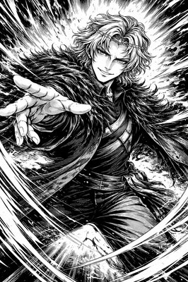 a black and white drawing of a man in a cloak