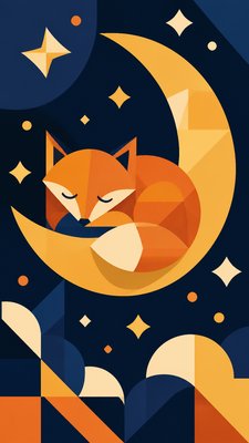 a sleeping baby fox curled on a crescent moon among soft stars, gentle and warm, no text
