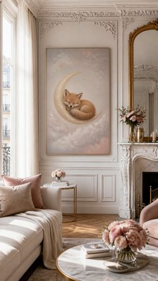 a sleeping baby fox curled on a crescent moon among soft stars, gentle and warm, no text