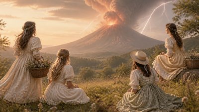 an erupting volcano with lightning strikes, dramatic wide composition, no text