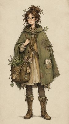 full-body original character: a wandering botanist with a satchel of plants, a patched green cloak, tall boots and round glasses, neutral background