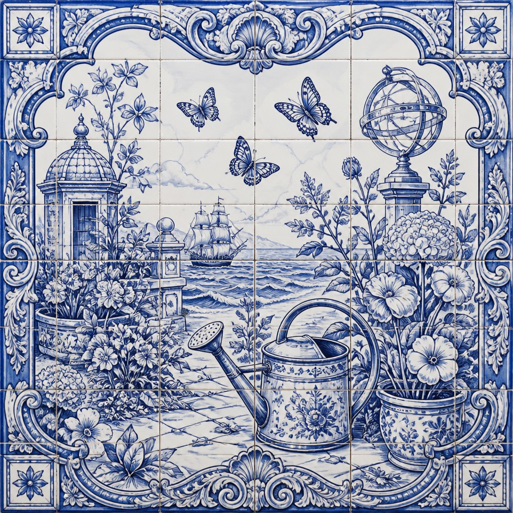 a garden scene with butterflies, flowers and a watering can, clean uncolored line art, no text
