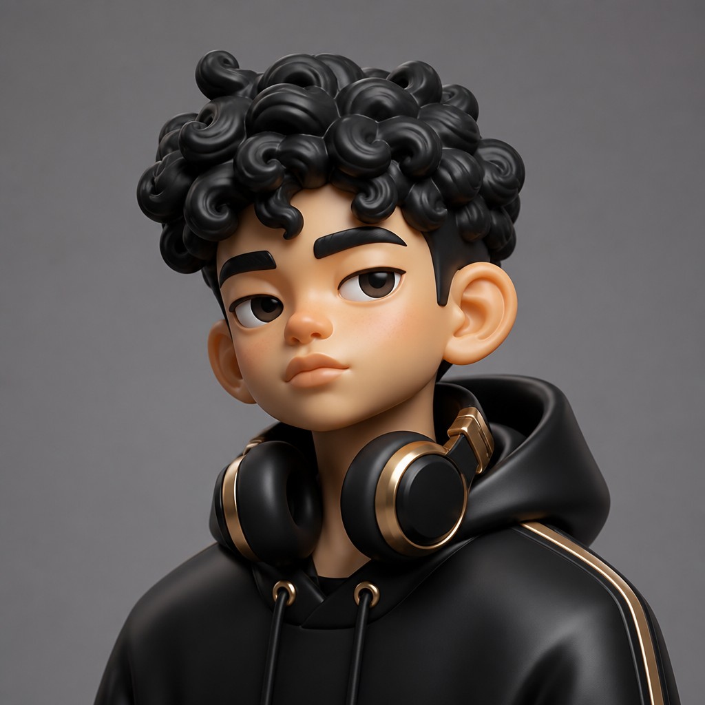 head-and-shoulders portrait of an original character: a young man with curly dark hair and headphones around his neck, plain backdrop, no text