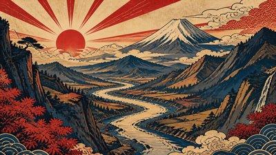 a vast valley with a river winding toward distant mountains at sunrise, no people, no text