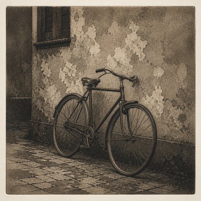 bicyle resting against a wall — Aquatint Print Style