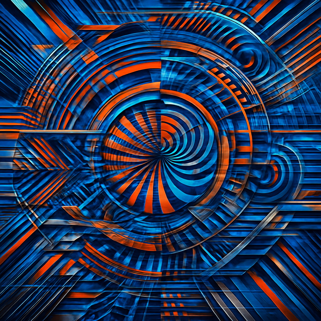 a blue and orange abstract background with a spiral design