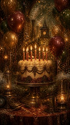 a birthday cake with lit candles surrounded by balloons and confetti, festive vertical composition, no text