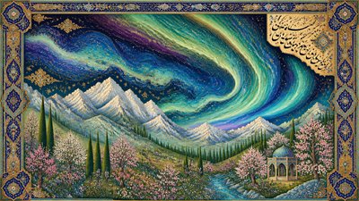 a flowing aurora over snowy peaks, wide sweeping composition, no people, no text
