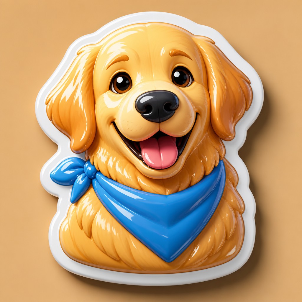 portrait of a golden retriever wearing a blue bandana, warm plain backdrop, no text