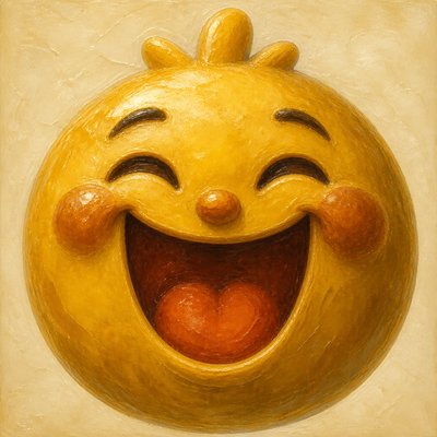 an exaggerated laughing face of an original round mascot character, bold and readable at small size, plain background, no text