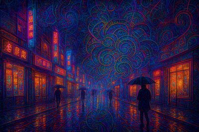 A rainy city street at night, neon signs reflecting on wet pavement, umbrellas, glowing shop windows, cinematic atmosphere