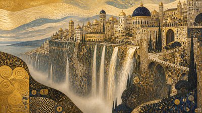 a cliffside city with waterfalls cascading into a misty canyon, wide establishing shot, no people, no text