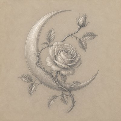 a rose entwined with a crescent moon, clean balanced composition on a plain background, no text