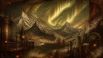 a flowing aurora over snowy peaks, wide sweeping composition, no people, no text