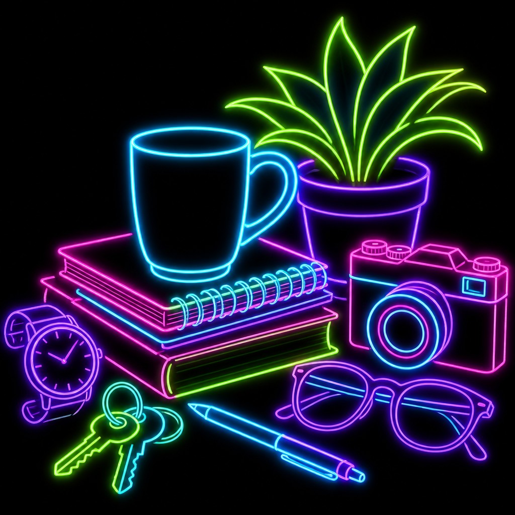 still life with everyday objects — Neon Outline Style