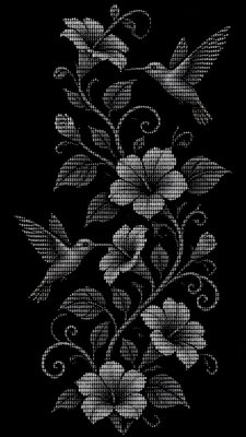 a climbing vine of flowers and hummingbirds on a dark background, tall wrapping composition, no text