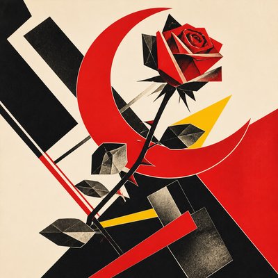a rose entwined with a crescent moon, clean balanced composition on a plain background, no text