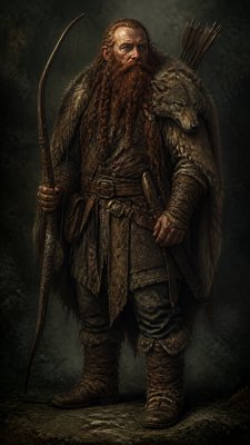 full-body original character: a dwarven ranger with a braided auburn beard, worn leather armor, a longbow and a wolf-pelt cloak, neutral background, no text