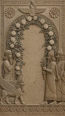 an arch of white roses and eucalyptus in soft morning light, elegant vertical composition with open space, no text